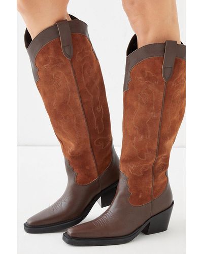 Oasis Leather And Suede Stitch Detail Western Knee Boot - Natural