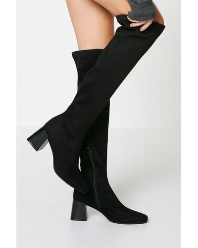Oasis Jerri Square Toe Medium Stacked Block Heel Knee High Boots - Black