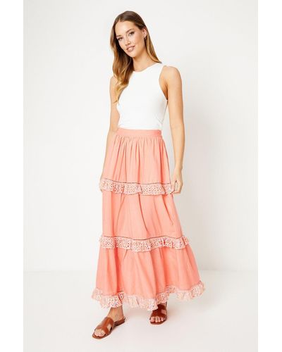 Oasis Printed Broderie Trim Maxi Skirt - Pink