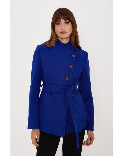 Oasis Belted Button Through Short Wrap Coat - Blue