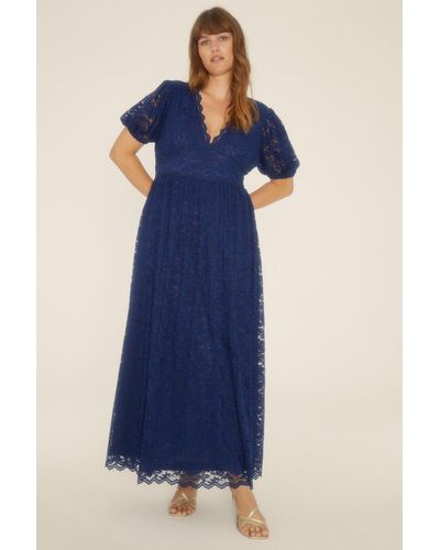 Oasis Curve Lace Puff Sleeve V Neck Midaxi Dress - Blue