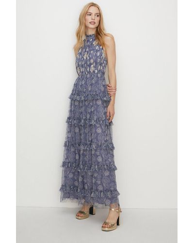 Oasis Sketchy Floral Sequin Halter Mesh Maxi Dress - Blue
