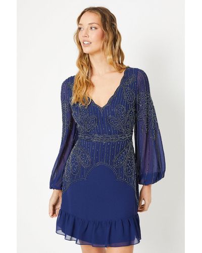 Oasis Mirror Embellished Mini Dress - Blue