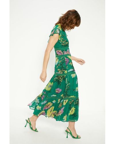 Oasis Lace Trim High Neck Chiffon Floral Midi Dress - Green