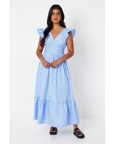 Oasis Striped Cotton Poplin Frill Shoulder Midaxi Dress - Blue