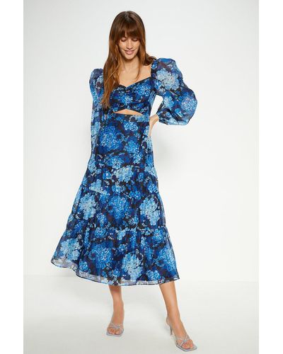 Oasis Cluster Floral Organza Ruched Cut Out Midi Dress - Blue