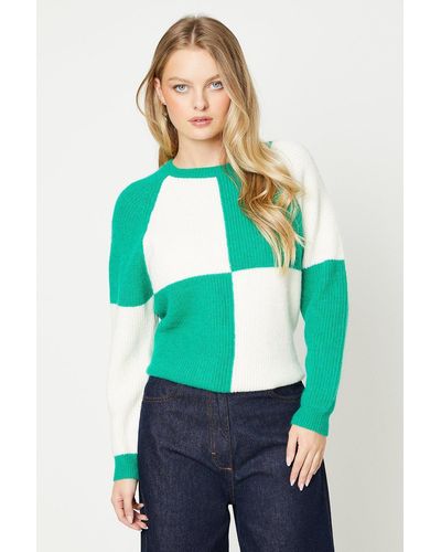 Oasis Contrast Check Knitted Jumper - Blue