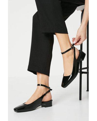 Oasis Gillian Patent Ankle Strap Square Toe Low Heeled Court Shoes - Black