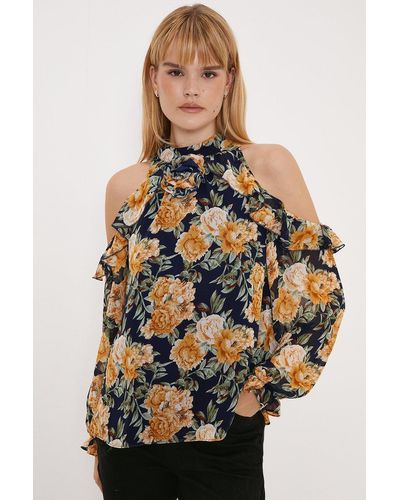 Oasis Floral Chiffon Corsage Detail Blouse - Blue