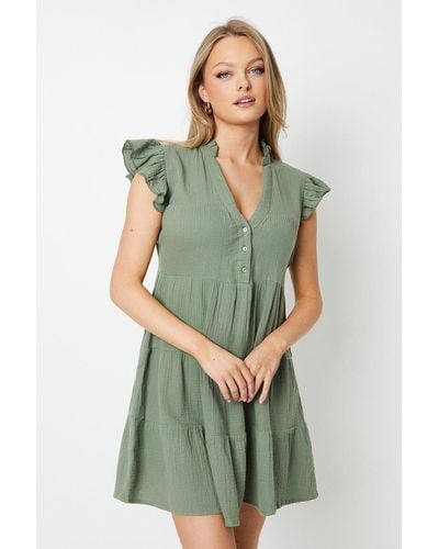 Oasis Textured Muslin Frill Sleeve Tiered Mini Dress - Green