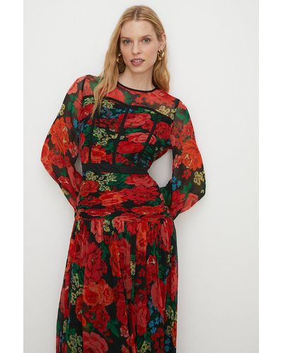 Oasis Contrast Ruched Floral Chiffon Maxi Dress - Red
