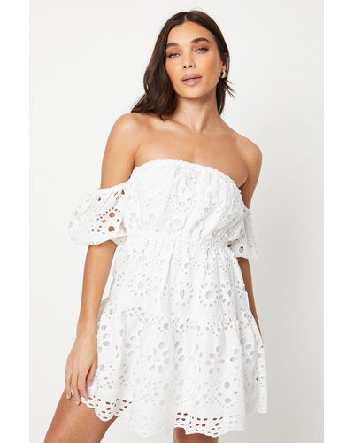 Oasis Petite Bardot Broderie Mini Dress - White