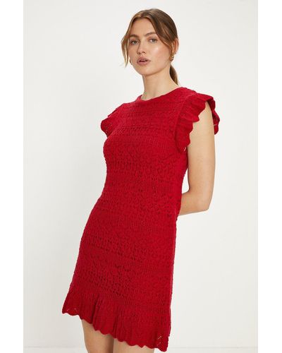 Oasis Pretty Pointelle Cotton Slub Knitted Mini Dress - Red