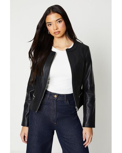 Oasis Faux Leather Collarless Jacket - Blue