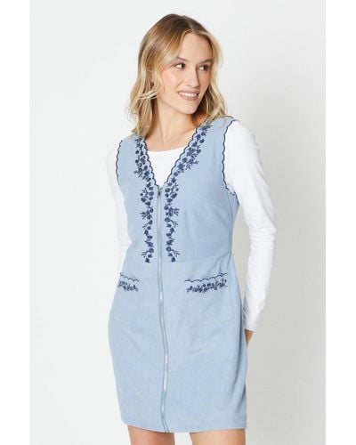Oasis Cord Scallop Edge Embroidered Pinafore Dress - Blue