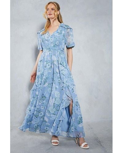 Oasis Soft Floral Ruffle Angel Sleeve Maxi Bridesmaids Dress - Blue