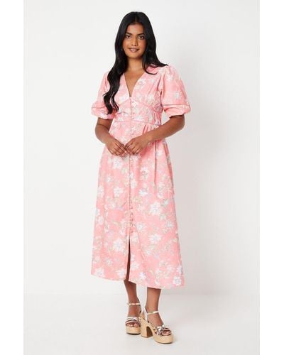 Oasis Floral Button Down Cotton Poplin Tea Dress - Pink