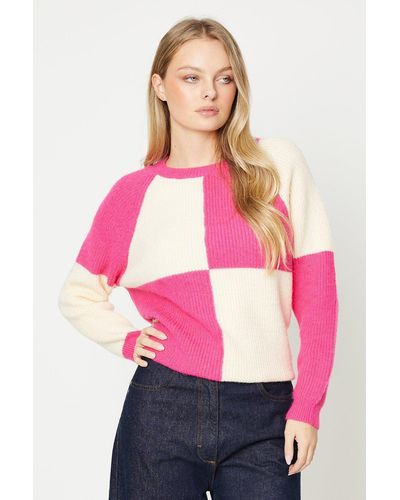 Oasis Contrast Check Knitted Jumper - Pink