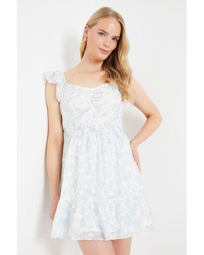 Oasis Floral Seersucker Frill Sleeve Bow Back Mini Dress - White