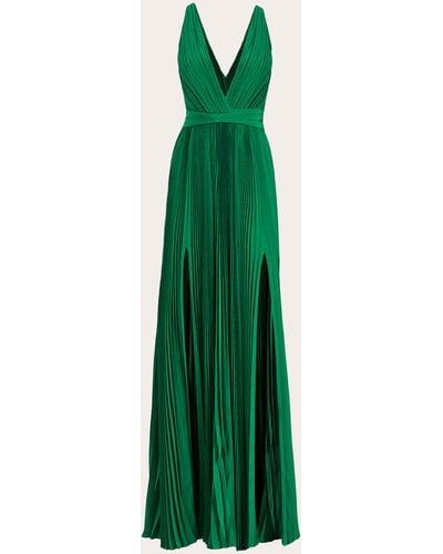 SemSem Plissé V-neck Slit Maxi Dress - Green