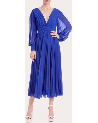 Badgley Mischka Pleated V-neck Midi Dress - Blue