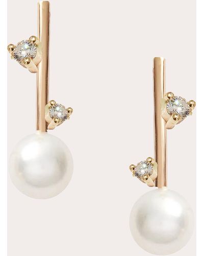 POPPY FINCH Diamond & Pearl Round Bar Drop Earrings 14k Gold - Natural