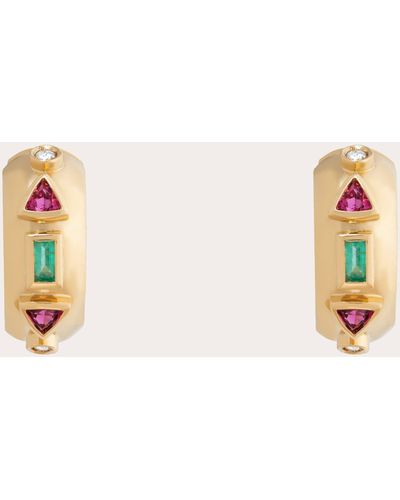 Carolina Neves Pink Tourmaline & Emerald huggie Earrings - Natural