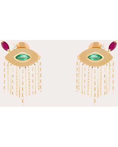Carolina Neves Emerald & Ruby Evil Eye Fringe Stud Earrings - Metallic