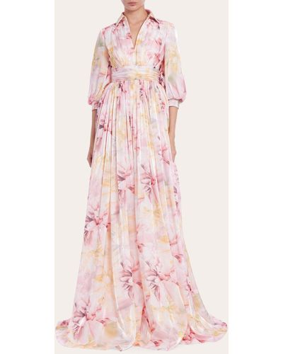 Badgley Mischka Pleated Floral Gown - Pink