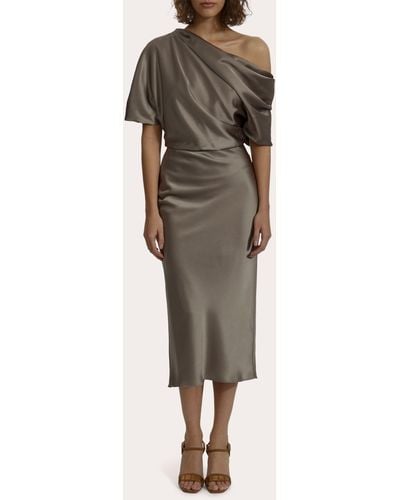 Amsale Satin Draped Asymmetric Midi Dress - Natural