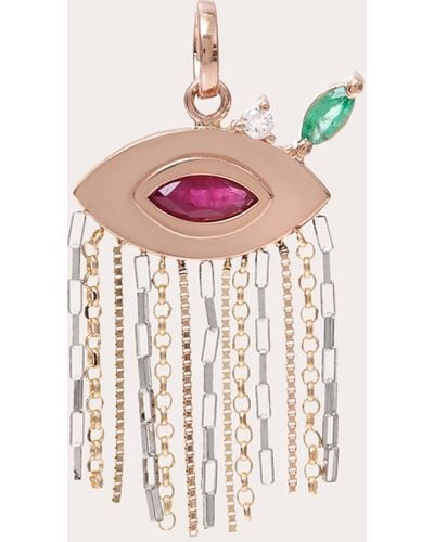 Carolina Neves Emerald & Ruby Evil Eye Fringe Pendant - Pink