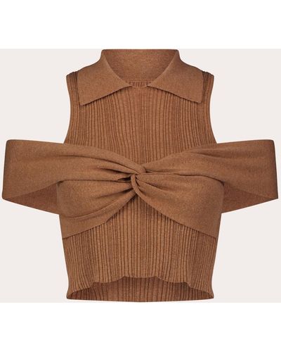Matthew Bruch Ribbed Off-shoulder Polo Wrap Top - Brown