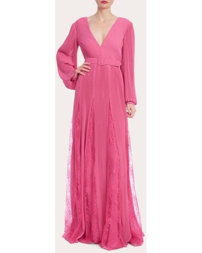 Badgley Mischka Pleated Lace Godet Gown - Pink