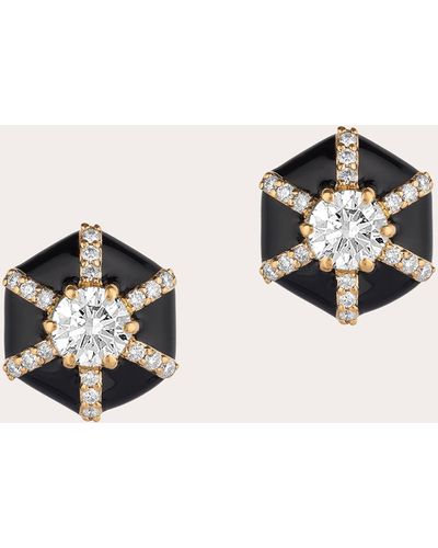 Goshwara Diamond & Enamel Hexagon Stud Earrings 18k Gold - Black