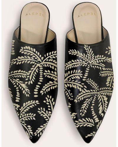 Alepel Abstract Palms Pointe Mule Leather - Black