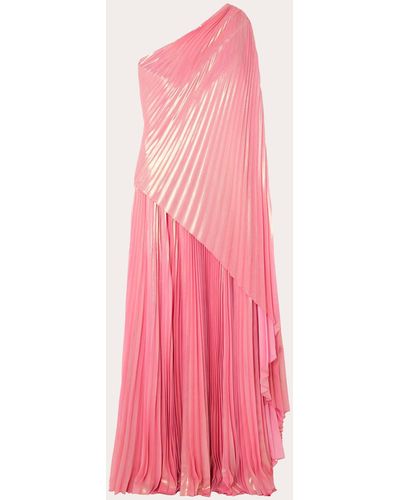 SemSem Draped Plissé Lamé Asymmetric Maxi Dress - Pink