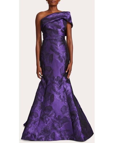 Amsale Floral Jacquard Asymmetric Mermaid Gown - Purple