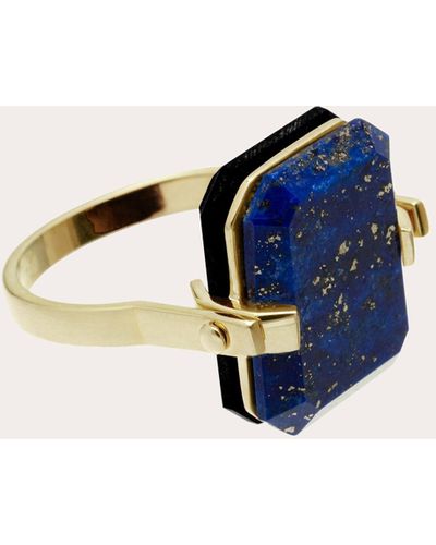 Aliita Black Agate & Lapis Lazuli Sandwich Deco Ring 9k Gold - Blue