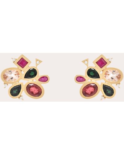 Carolina Neves Gemstone & Diamond Bezel Cluster Stud Earrings - Pink
