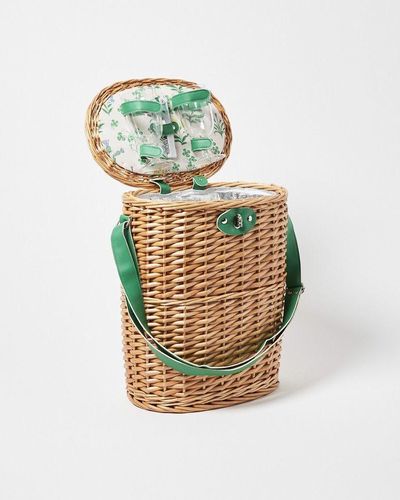 Oliver Bonas Ava Two Bottle Natural Wicker Picnic Basket - Green