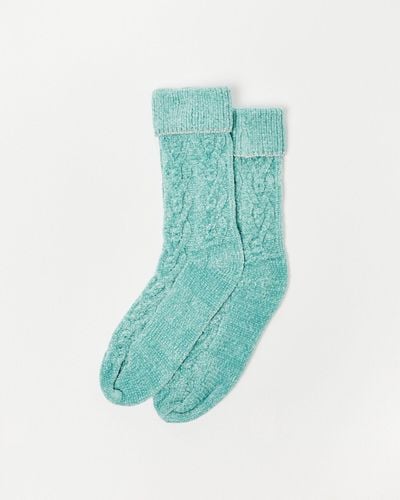 Oliver Bonas Mint Green Chenille Cable Bed Socks - Blue