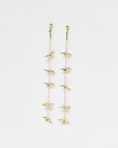Oliver Bonas Juniper Faux Pearl Flower Chain Gold Drop Earrings - White