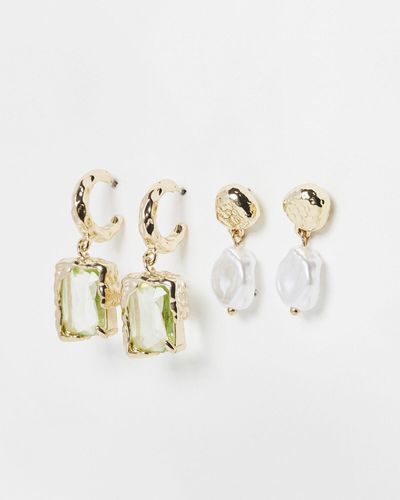 Oliver Bonas Lexie Glass & Faux Pearl Drop Earrings Pack Of Four - Metallic
