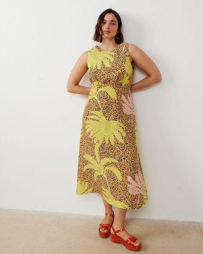 Oliver Bonas Yellow Palm Print Midi Dress, Size 18 - Metallic