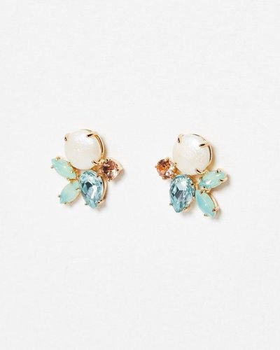 Oliver Bonas Arabella Glass Bead & Pearl Flower Stud Earrings - Green