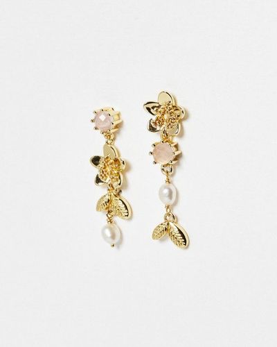 Oliver Bonas Etta Rose Quartz, Freshwater Pearl & Flower Gold Plated Drop Earrings - Metallic