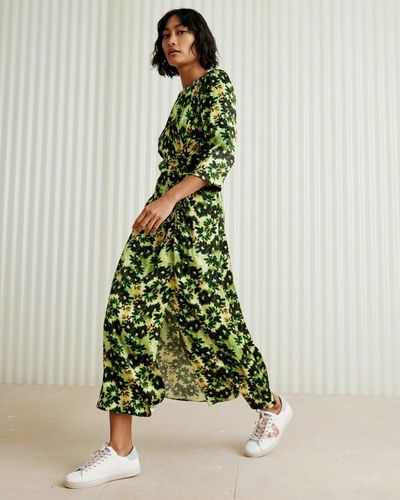 Oliver Bonas Inky Floral Print Midi Dress - Green