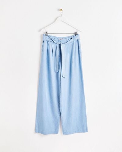 Oliver Bonas Chambray High Waist Wide Leg Trousers, Size 12 - Blue