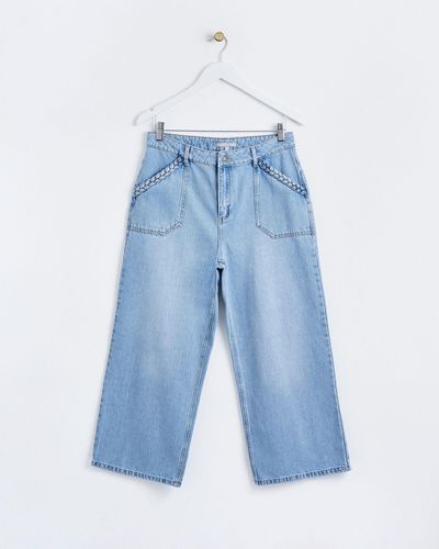 Oliver Bonas Light Wash Cropped Plait Pocket Jeans, Size 18 - Blue