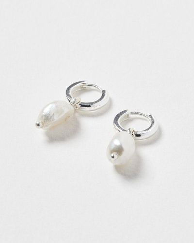 Oliver Bonas Lucia Chunky Round Pearl & Silver Drop Hoop Earrings - White